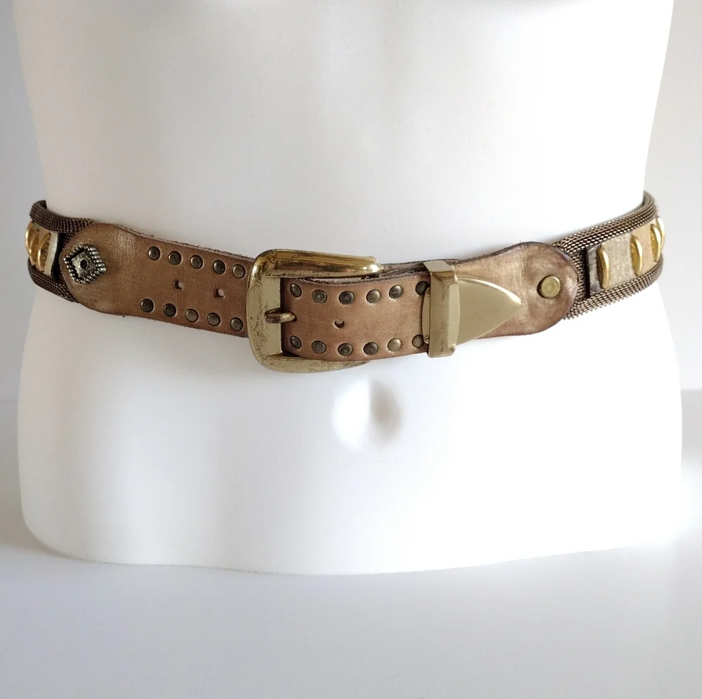 Sand Castle USA Metallic Leathers Solid Brass Buckle Mesh Belt Vintage
